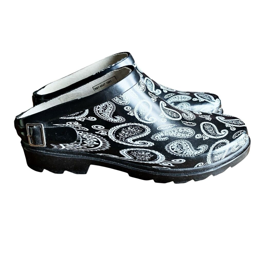 Rain Shoes Women's Size 9 Black White Paisley Slip-On Block Heel Tread Sole